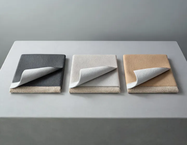 Layered charcoal and neutral polyurethane upholstery swatches showing grain and textile backing