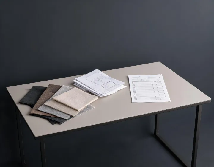 Collection specification desk with upholstery swatches and test-method checklist
